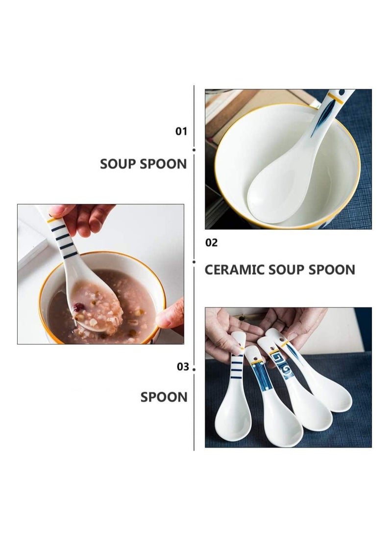 Ceramic Porcelain Soup Spoons, 4 Pcs Asian Style Spoons for Ramen, Wonton, Dumpling, and Dessert, Perfect for Kitchen Tableware, Japanese Chinese Design, Dishwasher Safe, White