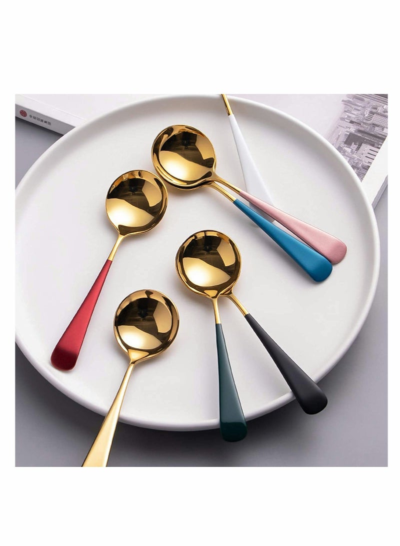 Metal Soup Spoons, Premium Stainless Steel Spoons Set, for Soup Round Colorful Dinner Spoons, Thick Durable Short Handle Table Spoon 6.3 Inch, Set of 5 (Gold)