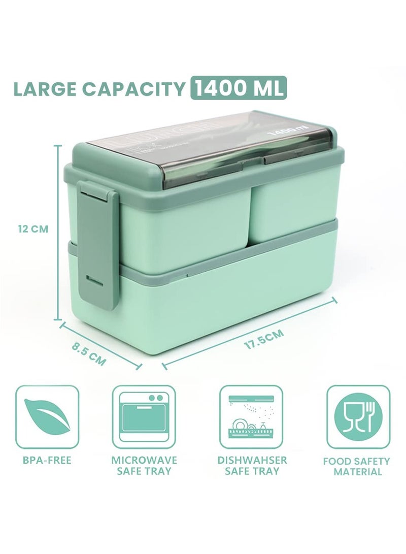 Lunch Box, Double Stackable Bento Box 1400 ML Container Meal Prep Containe With Cutlery, 2 Tier and 3 Compartment Design Food Containers for Lunch Snacks,Lunch Box for Adults and kids