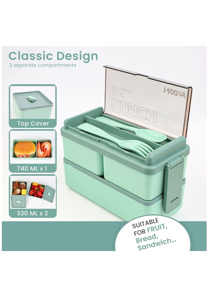 Lunch Box, Double Stackable Bento Box 1400 ML Container Meal Prep Containe With Cutlery, 2 Tier and 3 Compartment Design Food Containers for Lunch Snacks,Lunch Box for Adults and kids