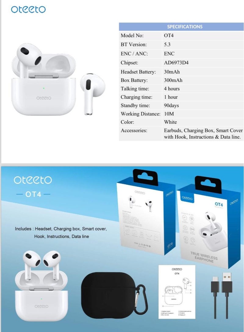 Oteeto OT4 Bluetooth Earbuds With Hifi Sound Quality Noice Cacellation and Multi Functional Touch Control Desinged For iOS Devices