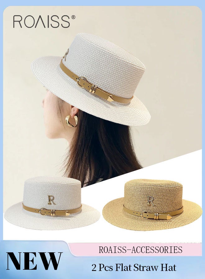 2 Pcs Classic Flat Top Straw Hat for Women Summer Beach Hat Vacation Sunshade Sunscreen Woven Hat Letter Decor Sun Hat Fashion Accessories