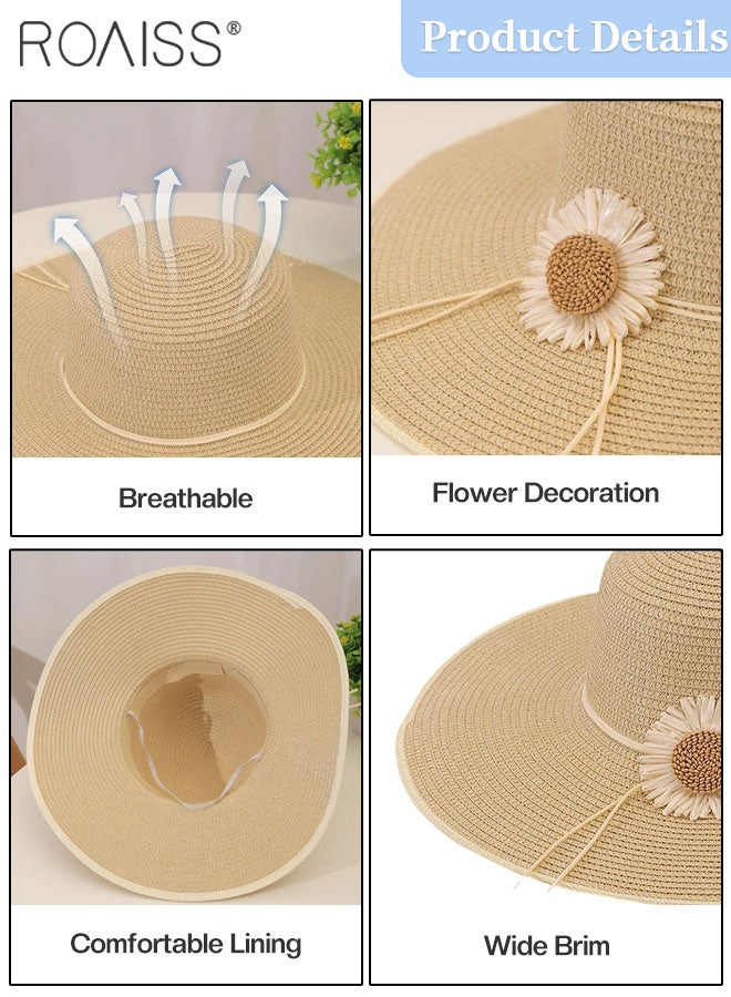 2 Pcs Straw Hat and Straw Bag Set, Wide Brim Sun Hat with Flower Decoration, Summer Outdoor Foldable UV Protection Beach Hat Crossbody Vacation Beach Bag for Women