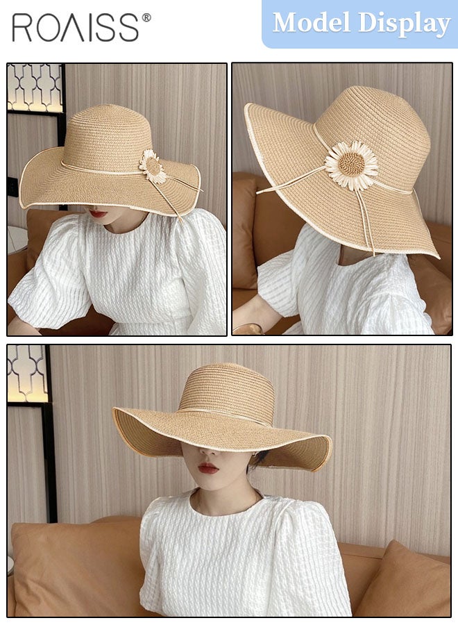 2 Pcs Straw Hat and Straw Bag Set, Wide Brim Sun Hat with Flower Decoration, Summer Outdoor Foldable UV Protection Beach Hat Crossbody Vacation Beach Bag for Women