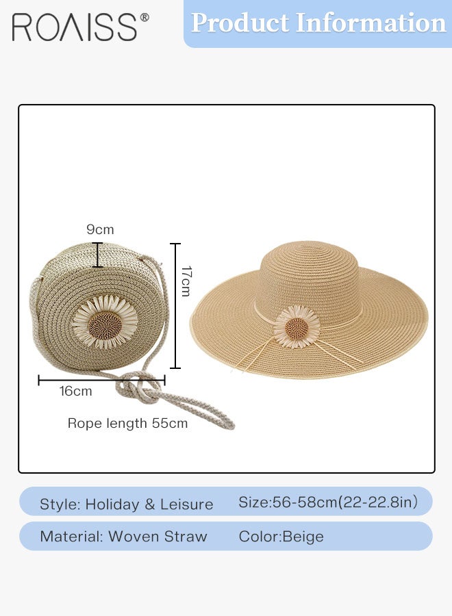 2 Pcs Straw Hat and Straw Bag Set, Wide Brim Sun Hat with Flower Decoration, Summer Outdoor Foldable UV Protection Beach Hat Crossbody Vacation Beach Bag for Women