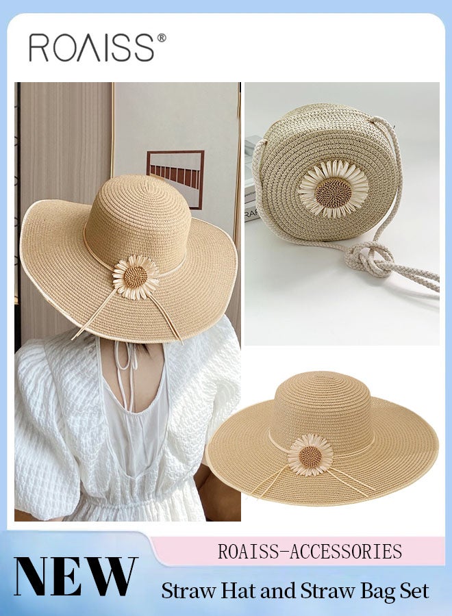 2 Pcs Straw Hat and Straw Bag Set, Wide Brim Sun Hat with Flower Decoration, Summer Outdoor Foldable UV Protection Beach Hat Crossbody Vacation Beach Bag for Women