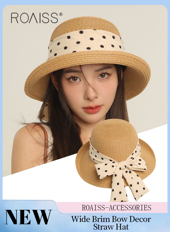 Women's Wide Brim Bow Decor Straw Hat, Holiday Straw Beach Hat with Polka Dot Ribbon Decoration, Suitable for Outdoor Travel Vacation