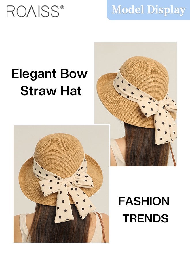 Women's Wide Brim Bow Decor Straw Hat, Holiday Straw Beach Hat with Polka Dot Ribbon Decoration, Suitable for Outdoor Travel Vacation