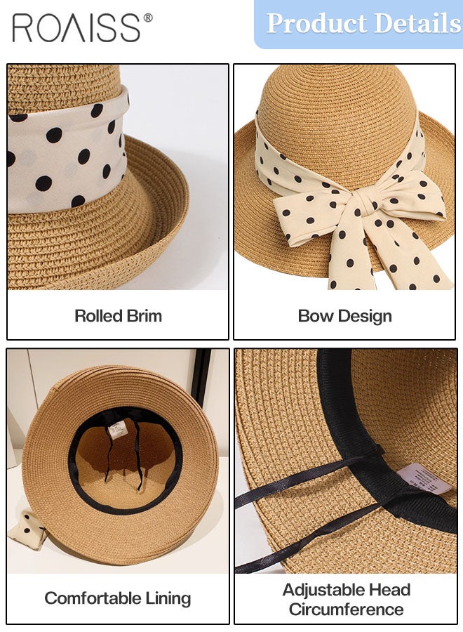 Women's Wide Brim Bow Decor Straw Hat, Holiday Straw Beach Hat with Polka Dot Ribbon Decoration, Suitable for Outdoor Travel Vacation