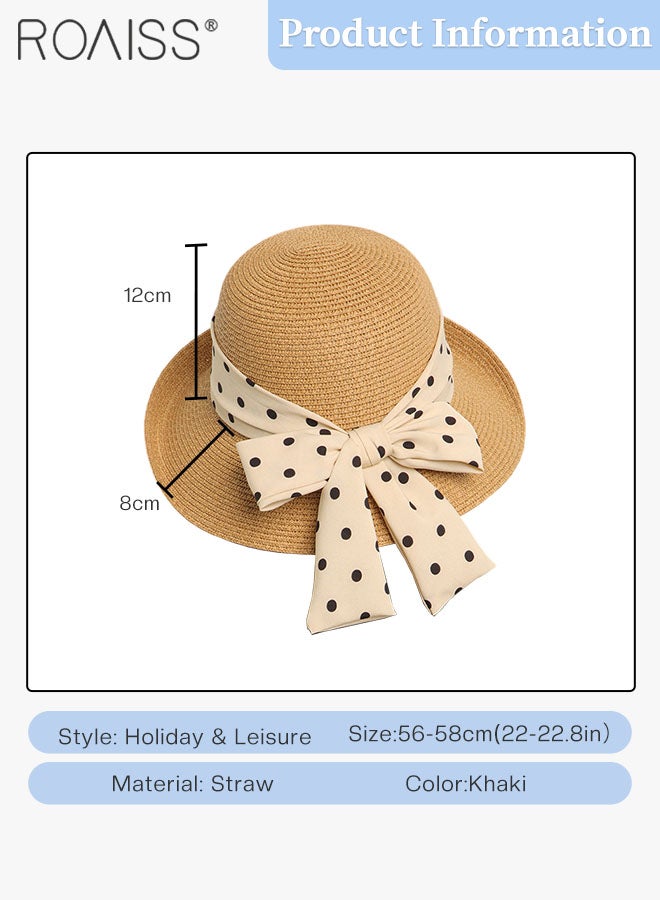 Women's Wide Brim Bow Decor Straw Hat, Holiday Straw Beach Hat with Polka Dot Ribbon Decoration, Suitable for Outdoor Travel Vacation