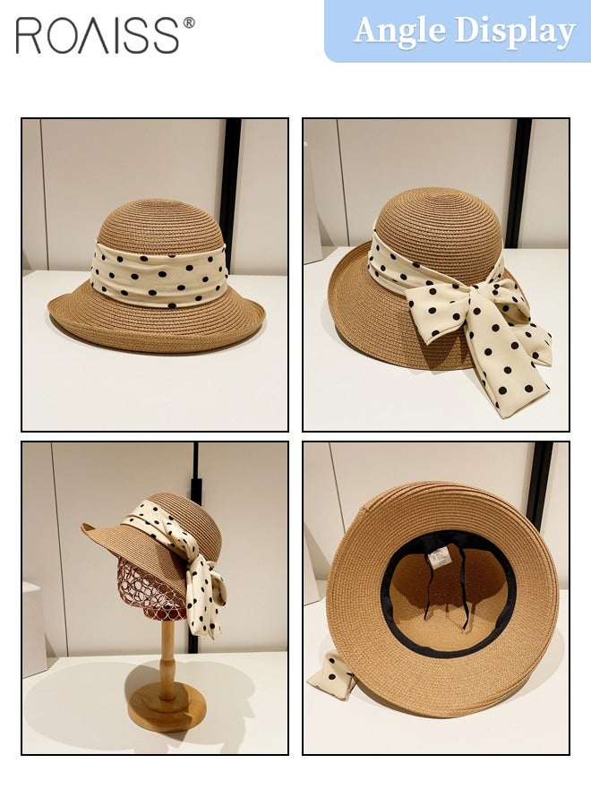 Women's Wide Brim Bow Decor Straw Hat, Holiday Straw Beach Hat with Polka Dot Ribbon Decoration, Suitable for Outdoor Travel Vacation