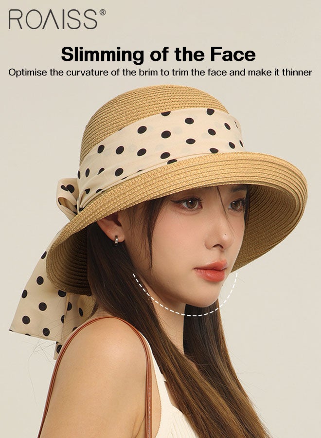 Women's Wide Brim Bow Decor Straw Hat, Holiday Straw Beach Hat with Polka Dot Ribbon Decoration, Suitable for Outdoor Travel Vacation