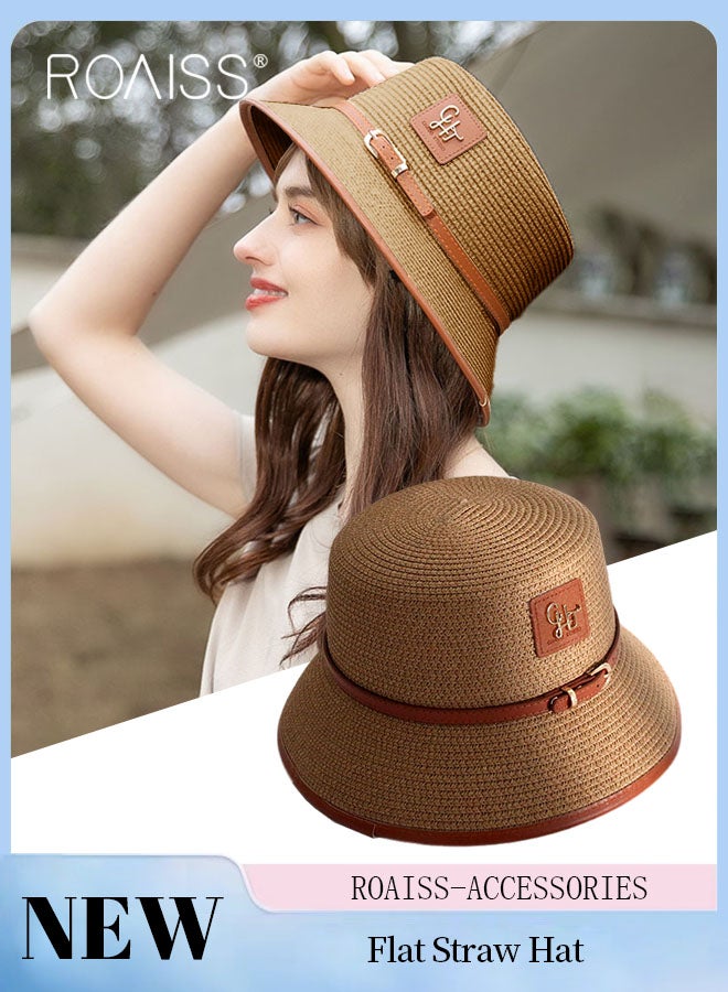 Flat Straw Hat for Women, Summer Beach Hat Vacation Sunshade Sunscreen Woven Hat, Breathable Sun Hat with Small Leather Label Decoration Fashion Accessories