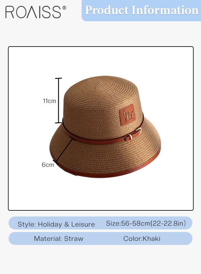 Flat Straw Hat for Women, Summer Beach Hat Vacation Sunshade Sunscreen Woven Hat, Breathable Sun Hat with Small Leather Label Decoration Fashion Accessories