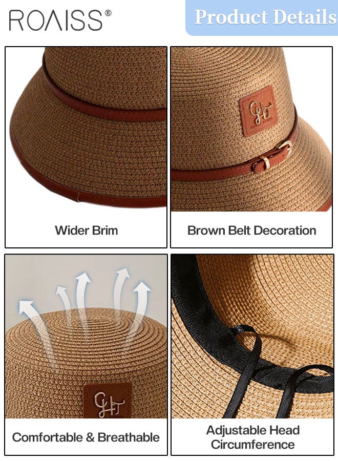 Flat Straw Hat for Women, Summer Beach Hat Vacation Sunshade Sunscreen Woven Hat, Breathable Sun Hat with Small Leather Label Decoration Fashion Accessories