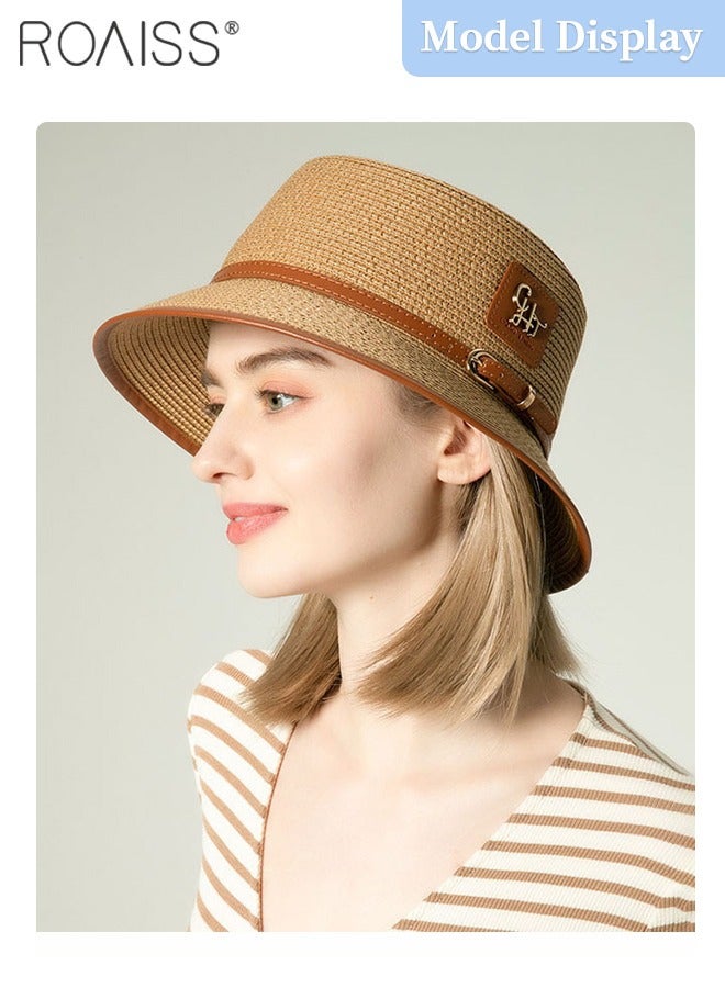 Flat Straw Hat for Women, Summer Beach Hat Vacation Sunshade Sunscreen Woven Hat, Breathable Sun Hat with Small Leather Label Decoration Fashion Accessories