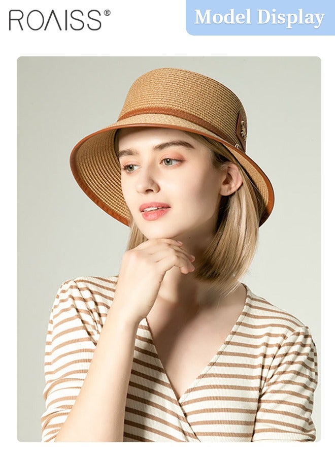 Flat Straw Hat for Women, Summer Beach Hat Vacation Sunshade Sunscreen Woven Hat, Breathable Sun Hat with Small Leather Label Decoration Fashion Accessories