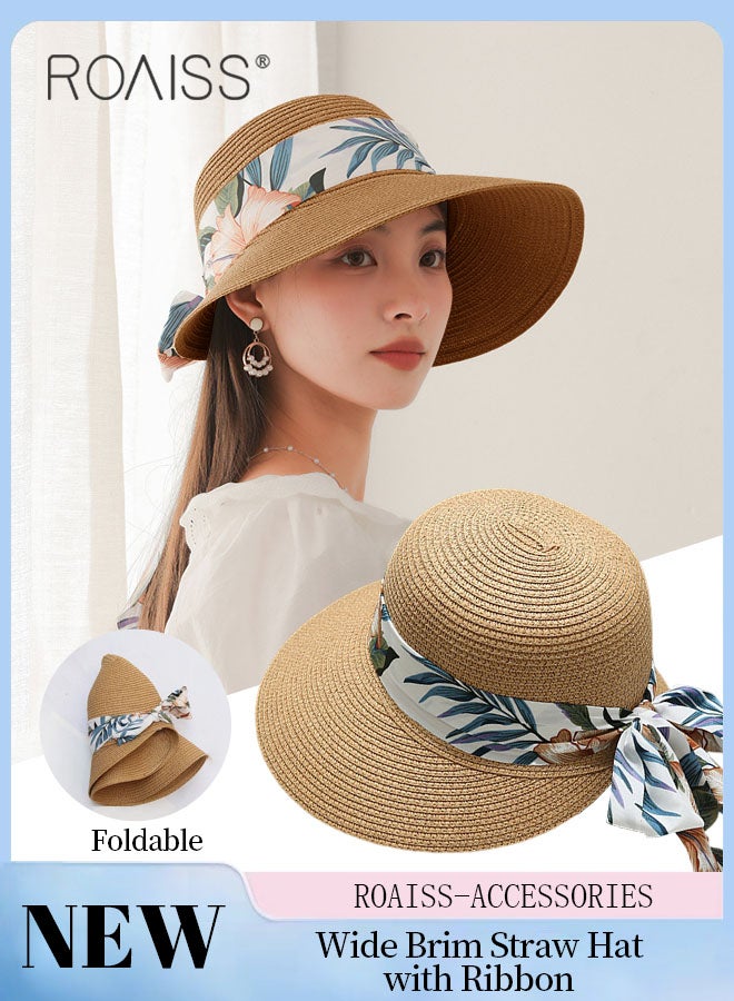 Women's Wide Brim Straw Hat with Ribbon, Summer Beach Adjustable Lightweight Foldable Straw Sun Hat with Bow Decor, Anti-UV for Outdoor Vacation Party