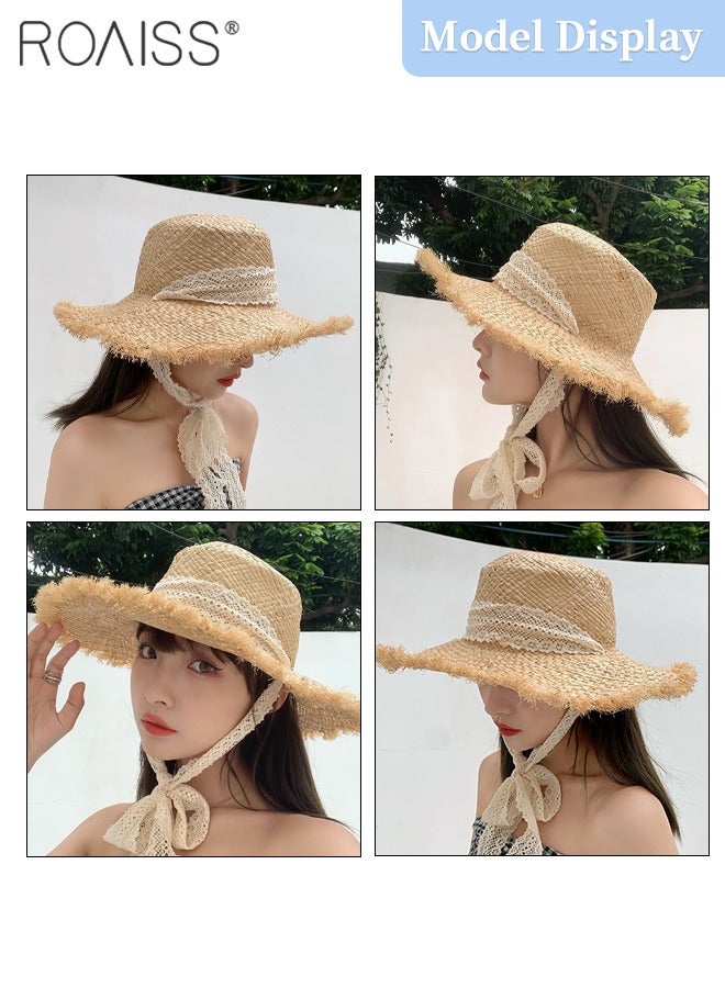 Lace Strappy Flat Straw Hat for Women Summer Beach Hat Vacation Sunshade Sunscreen Woven Hat with Chin Strap Fashion Accessories