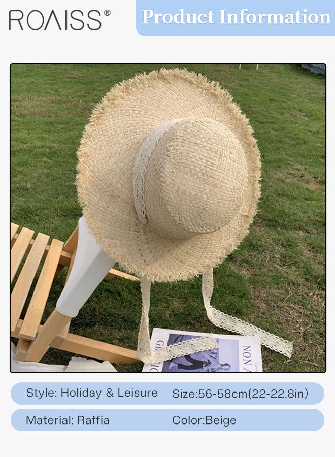 Lace Strappy Flat Straw Hat for Women Summer Beach Hat Vacation Sunshade Sunscreen Woven Hat with Chin Strap Fashion Accessories