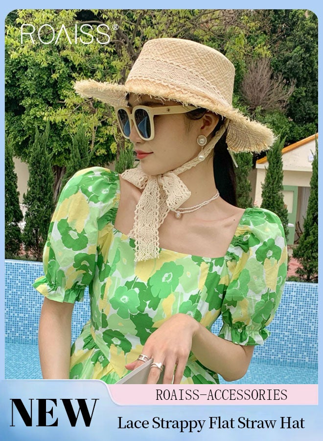 Lace Strappy Flat Straw Hat for Women Summer Beach Hat Vacation Sunshade Sunscreen Woven Hat with Chin Strap Fashion Accessories