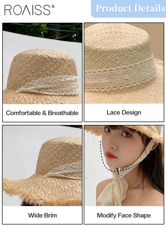 Lace Strappy Flat Straw Hat for Women Summer Beach Hat Vacation Sunshade Sunscreen Woven Hat with Chin Strap Fashion Accessories