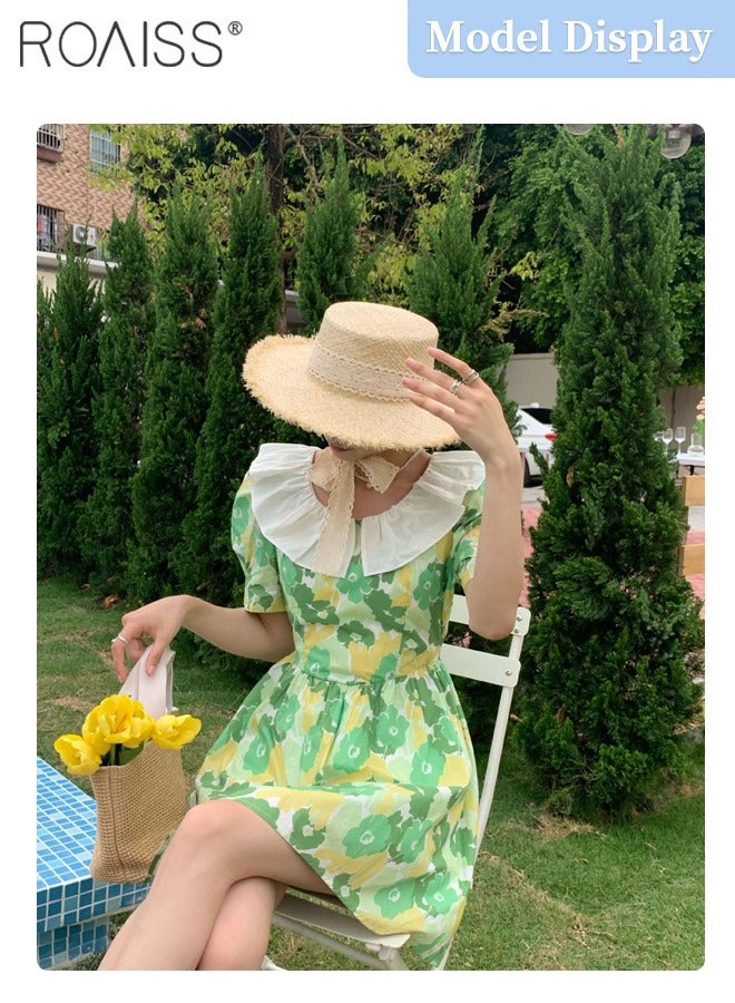 Lace Strappy Flat Straw Hat for Women Summer Beach Hat Vacation Sunshade Sunscreen Woven Hat with Chin Strap Fashion Accessories