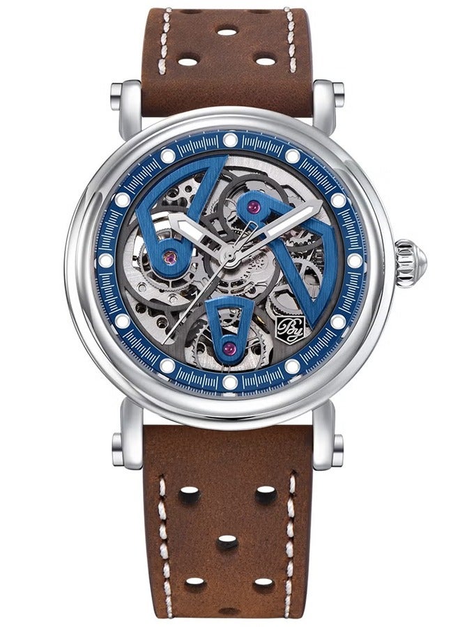 Men's Fashion Automatic Watch, Stainless Steel 40MM Frame, Silver Blue Dial, Brown Leather Strap