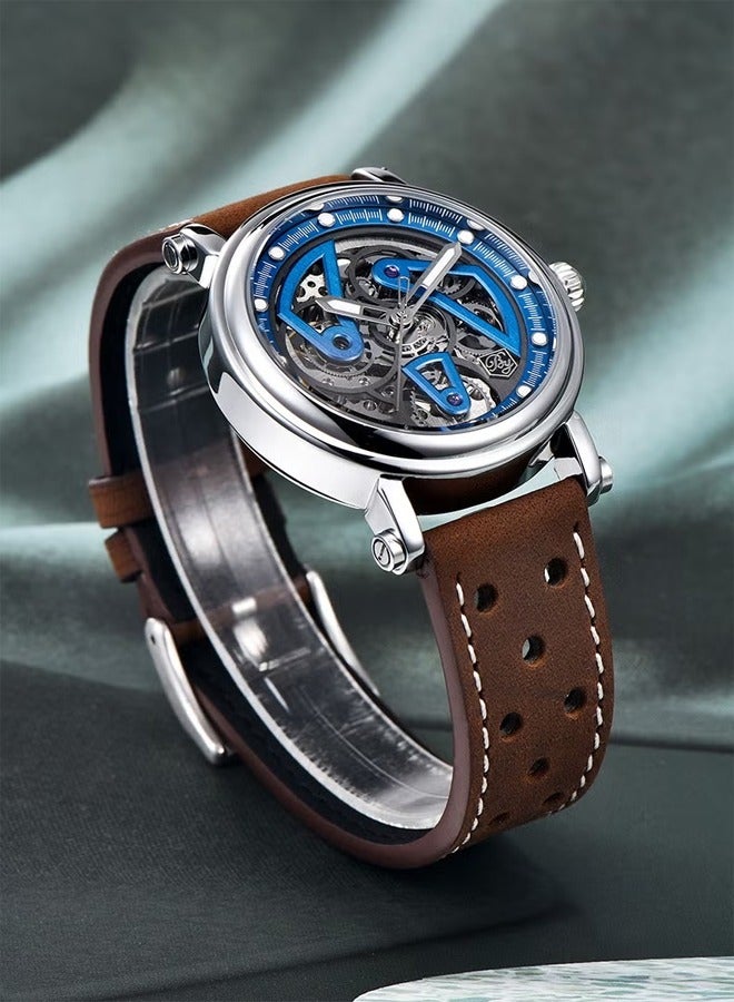 Men's Fashion Automatic Watch, Stainless Steel 40MM Frame, Silver Blue Dial, Brown Leather Strap