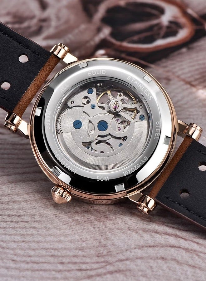 Men's Fashion Automatic Watch, Stainless Steel 40MM Frame, Silver Blue Dial, Brown Leather Strap