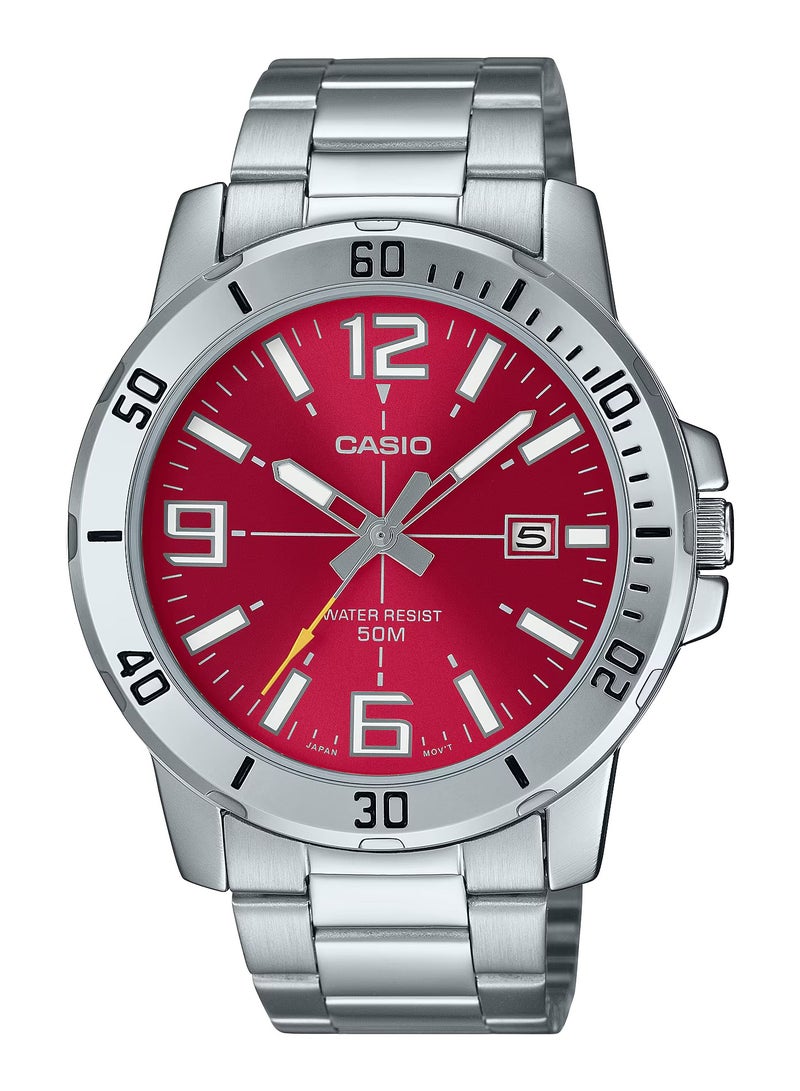 Quartz Analog Red Dial Stainless Steel Men's Watch MTP-VD01D-4B