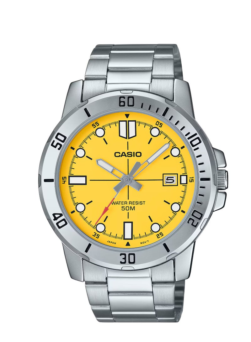 Quartz Analog Yellow Dial Stainless Steel Men's Watch MTP-VD01D-9E