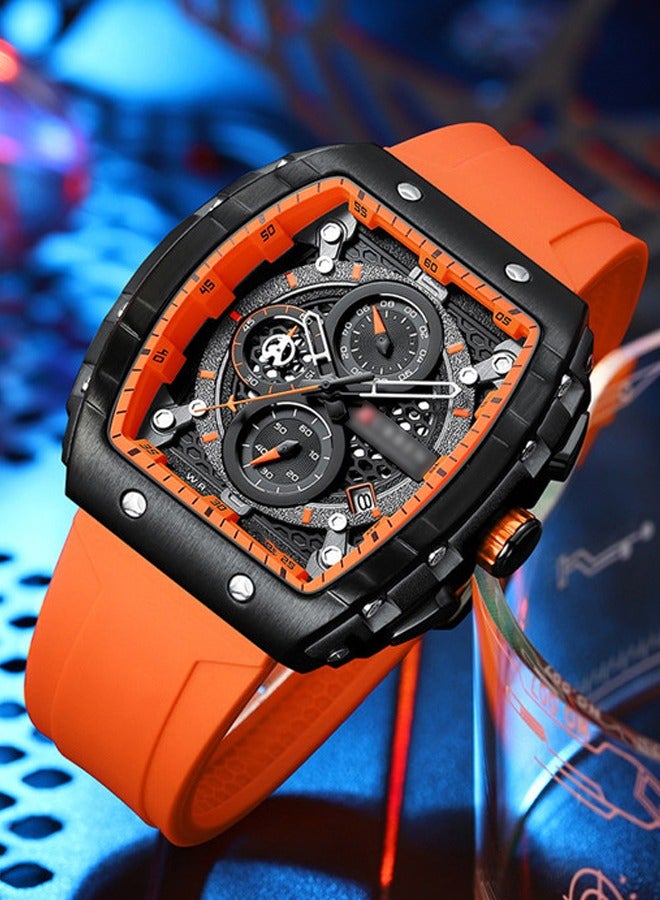 Luxury Six-Pin Water Resistant Stainless Steel Men's Chronograph Square Wristwatch with Silicone Strap