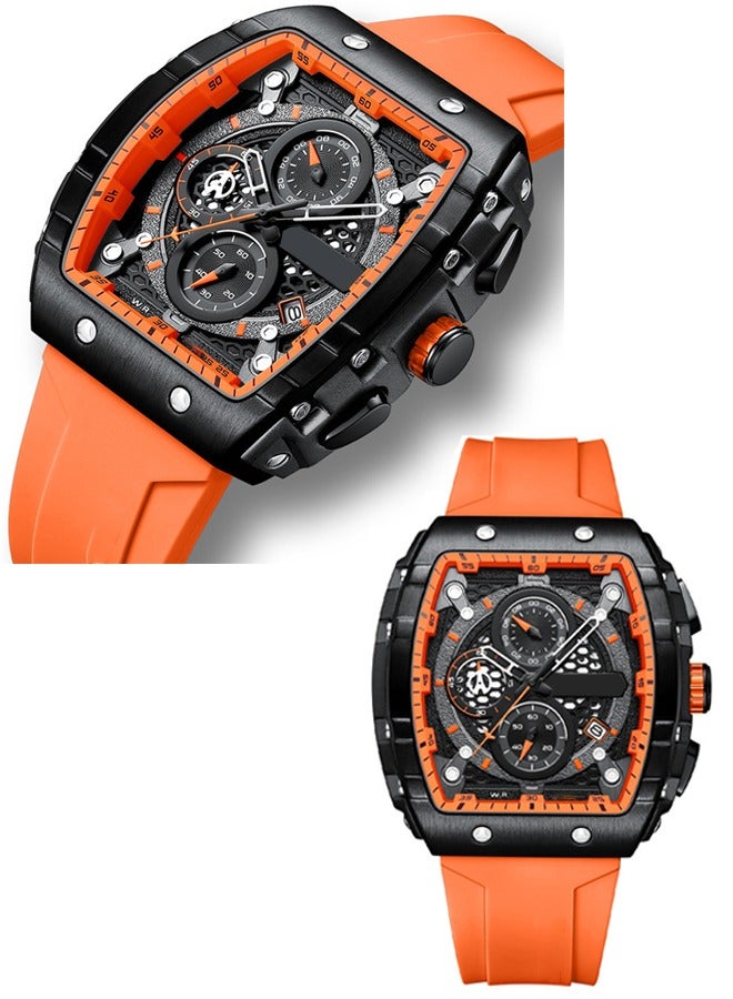 Luxury Six-Pin Water Resistant Stainless Steel Men's Chronograph Square Wristwatch with Silicone Strap