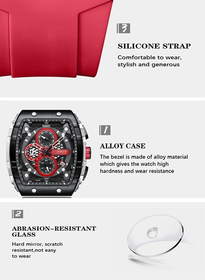 Luxury Six-Pin Water Resistant Stainless Steel Men's Chronograph Square Wristwatch with Silicone Strap