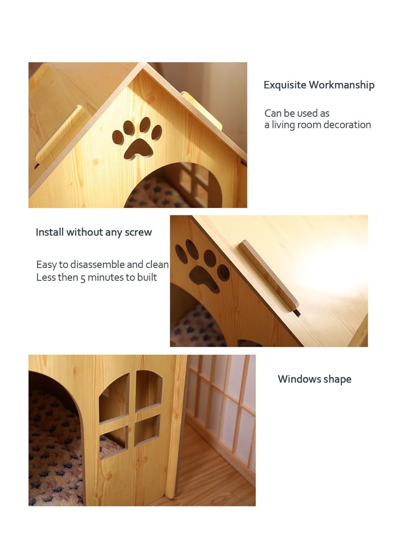 Cat House Indoor for Cats with Star Cushion Sturdy Luxury Small Dog House Large Space for Pets with Windows and Big Doorway Easy Assemble (Large-2-1with Toy)