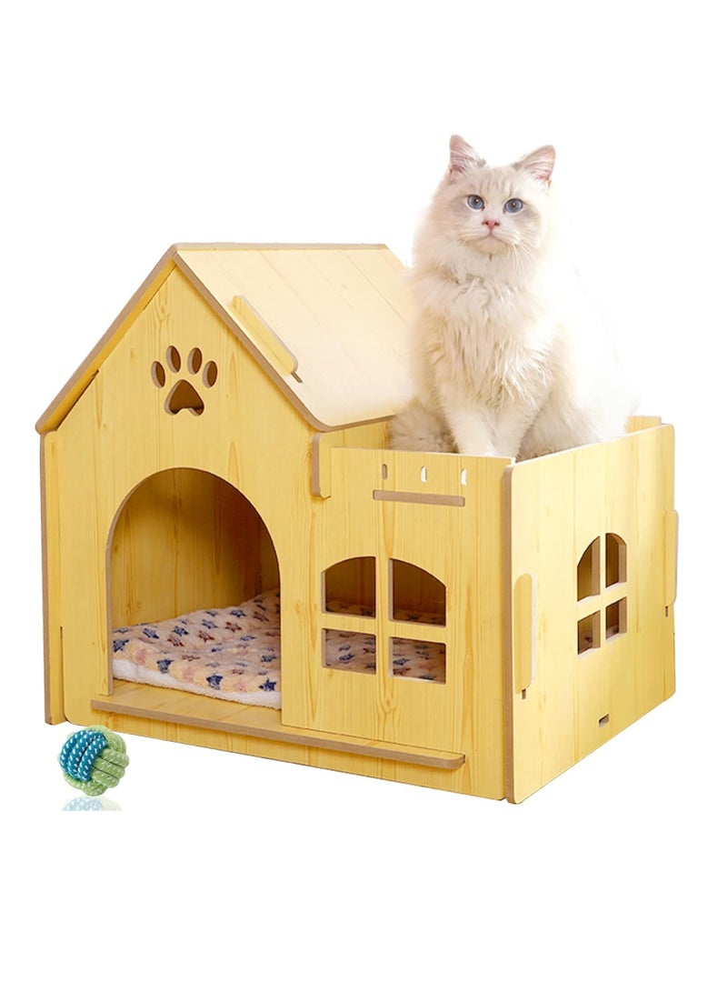 Cat House Indoor for Cats with Star Cushion Sturdy Luxury Small Dog House Large Space for Pets with Windows and Big Doorway Easy Assemble (Large-2-1with Toy)