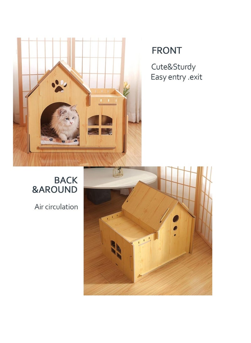 Cat House Indoor for Cats with Star Cushion Sturdy Luxury Small Dog House Large Space for Pets with Windows and Big Doorway Easy Assemble (Large-2-1with Toy)