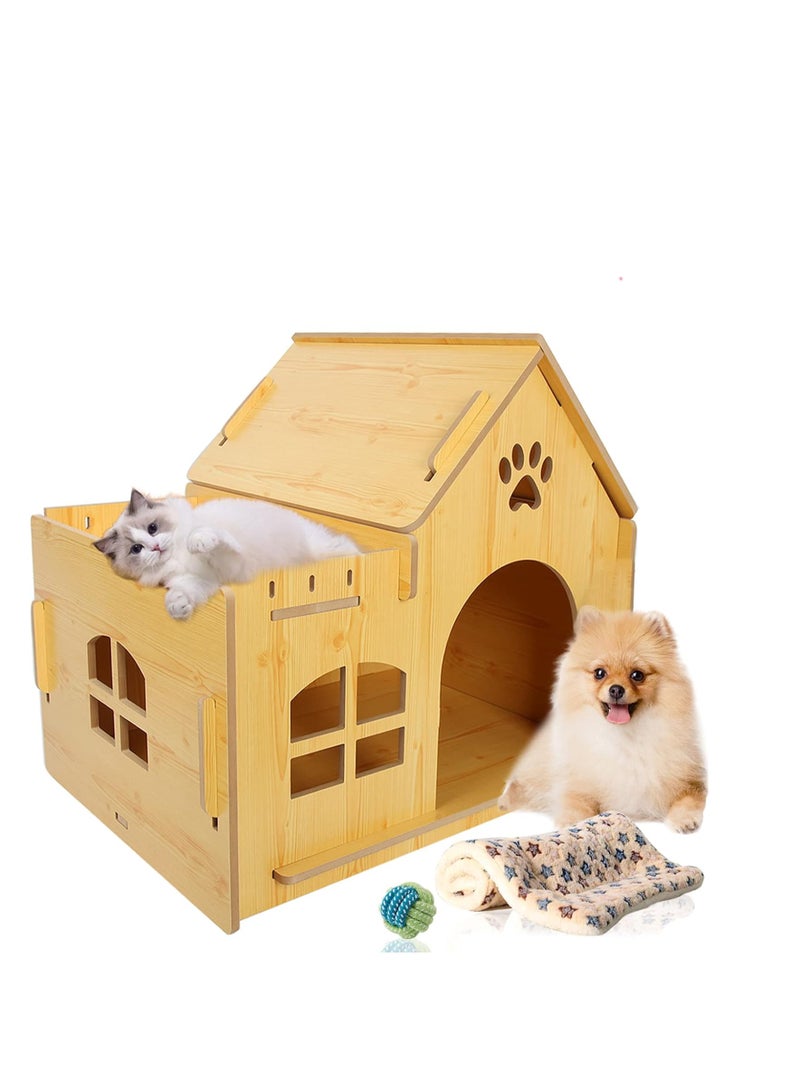 Cat House Indoor for Cats with Star Cushion Sturdy Luxury Small Dog House Large Space for Pets with Windows and Big Doorway Easy Assemble (Large-2-1with Toy)