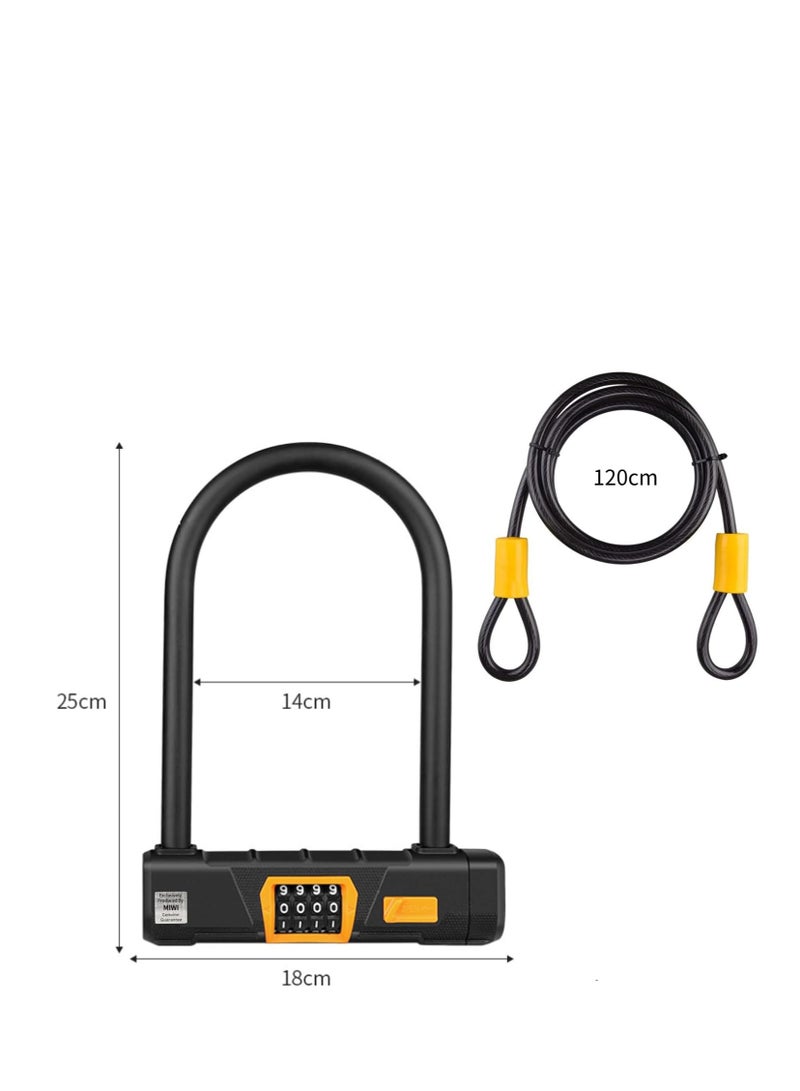 Bike U Lock, Combination lock Bike Lock, Heavy Duty U Lock for Bike, Motorcycle Locks, Anti Theft Bicycle Secure Locks, 15mm U Lock+4ft Steel Cable, 2 Pcs