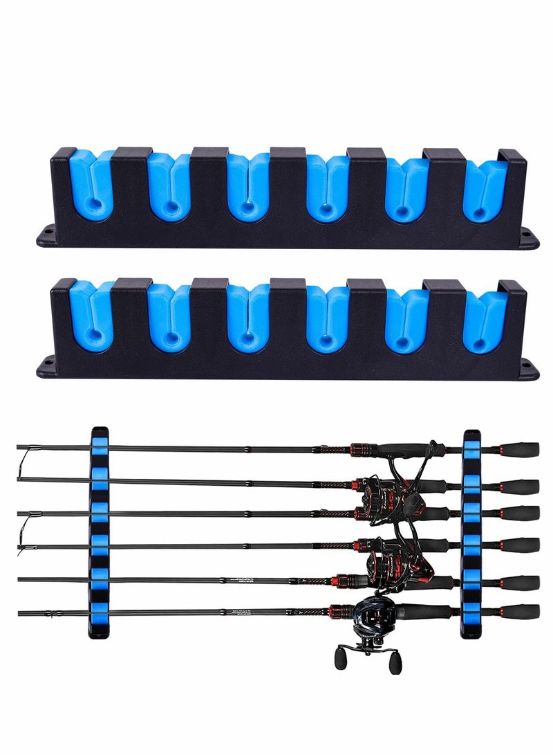 Rod Racks Upgraded Fishing Rod Holder, Wall Mounted Fishing Rod Rack, Fishing Pole Holders for Garage,6-Rod Fishing Pole Rack, 1 Pair (Horizontal), BLUE, 13.8 * 5.3 * 1.3in