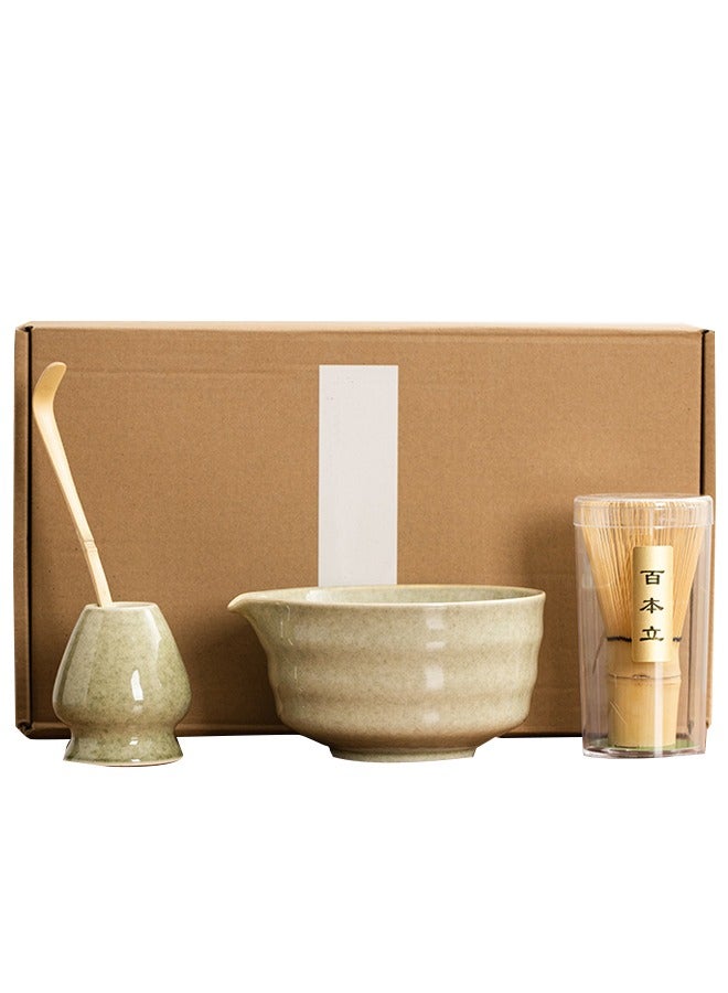 4-Pcs Matcha Kit Set， Japanese Tea Making Tools，includes including a Bamboo Whisk, Bamboo Scoop, Ceramic Bowl ，Tea whisk