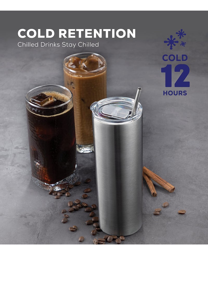 Insulated Skinny Stainless Steel Tumbler Set, 1 Pack 20oz Coffee Tumbler Straw Travel Coffee Mug With PBA Free Lids Slim Vacuum Insulated Tumblers Keep Hot and Cold Great for Home, Office