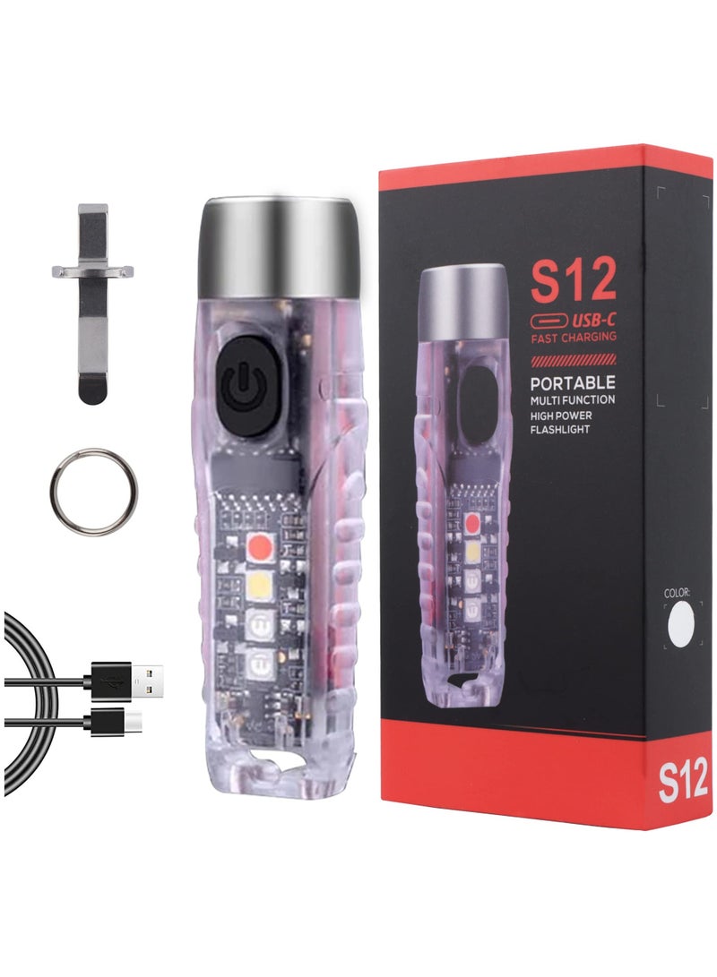 S12 Plus Mini LED Flashlights USB Rechargeable Small Keychain Flashlight with 11 Modes of Main & Side Light, Portable Pocket EDC Flash Light for Daily Using, Backpacking, Camping, Hiking, etc.