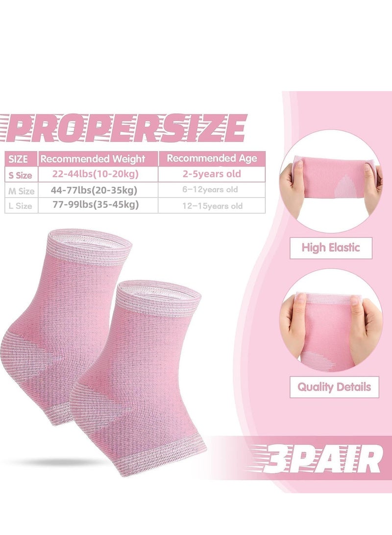 3 Pair Ankle Compression Sleeves for Kids - Foot Arch Support Sleeve Socks, Ankle Brace Compression Sleeves for Girls in Pink, Ideal for Sports, Running, Dance, Fitness, Gymnastics (Pink, Large)