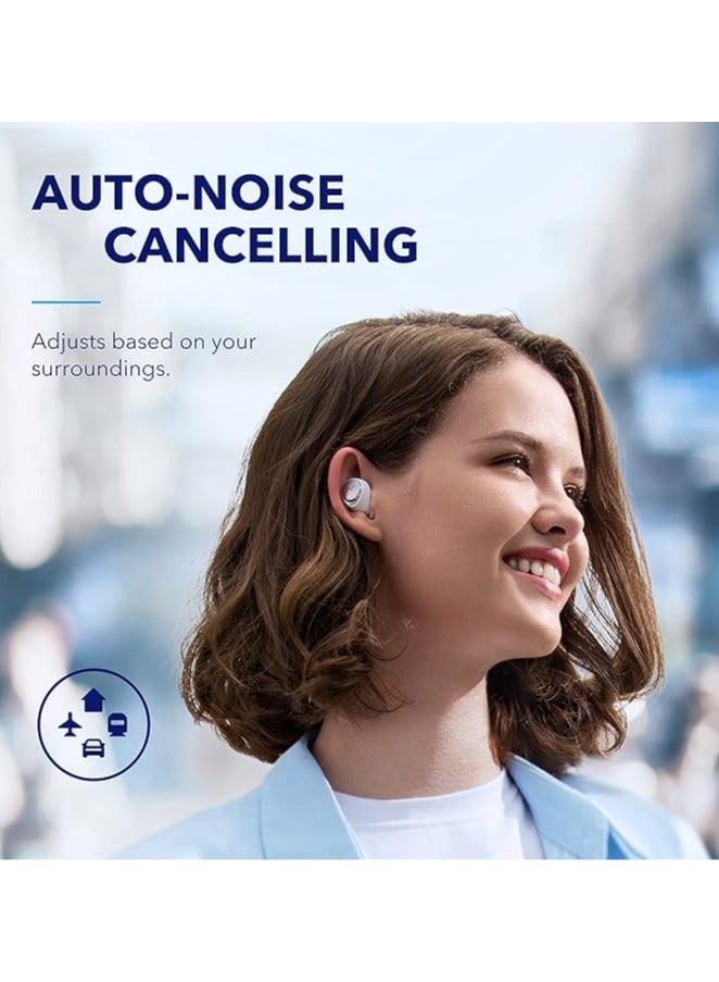 Space A40 Auto-Adjustable Active Noise Cancelling Wireless Earbuds, Reduce Noise by Up to 98%, 50H Playtime, Hi-Res Sound, Comfortable Fit, App Customization, Wireless Charge White