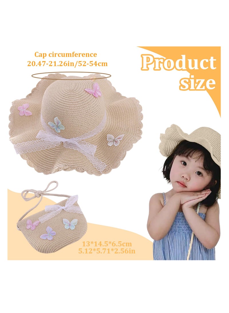 Straw Hat and Straw Bag for Kids, 2 Pcs Cute Butterfly Lace Hat ＆ Straw Crossbody Bag, Sun Protection Outdoor Adorable Tourism Straw Hat for Girls, Summer Beach Sun Visor Hat & Straw Bag, Beige