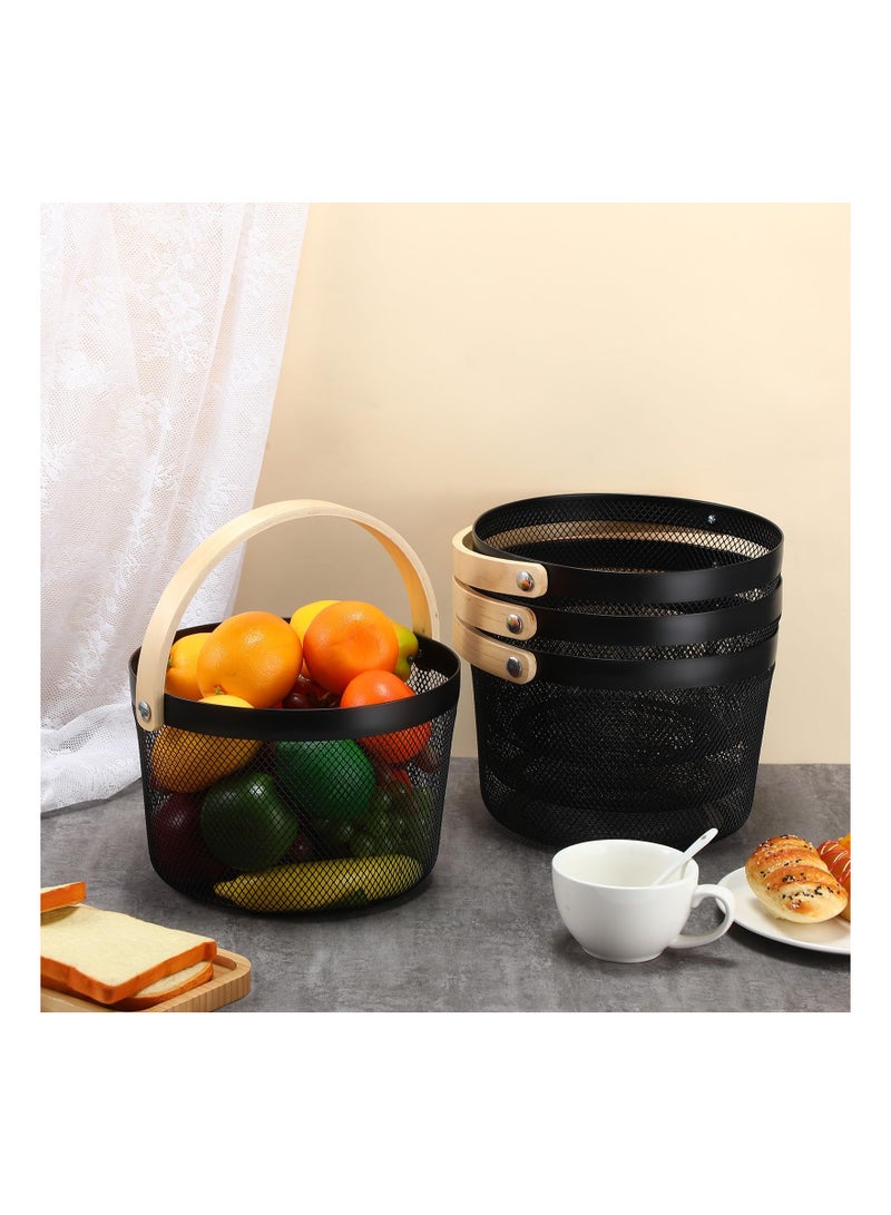 4Pcs Picnic Basket Fruit Drainer Basket with Handle, Round Mesh Steel Basket Garden Harvest Basket, Storage Organizer Basket Hanging Kitchen Baskets Fruit Vegetable Gathering Basket, Black