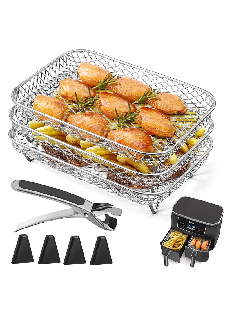 SYOSI Air Fryer Rack, 3 Pcs Stainless Steel Grilling Rack for Ninja Dual Air Fryer, Rectangle Air Fryer Basket Tray, with Clip and Heighten Feet Pad, for Double Basket Air Fryers