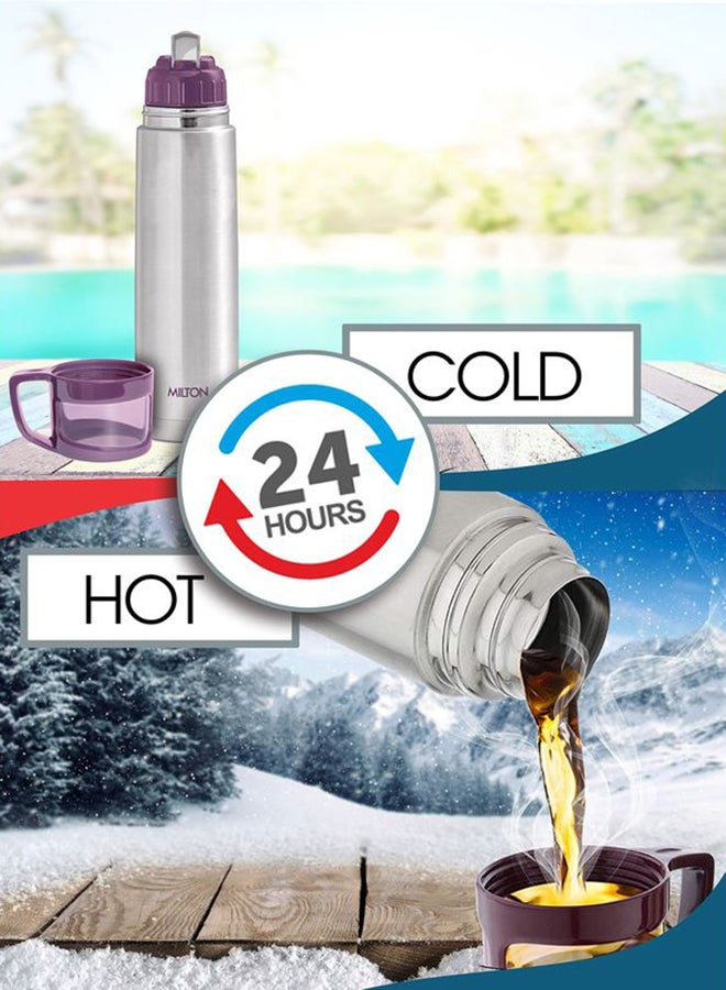 1000ml Thermosteel Flask with Jacket, Keeps Drinks Hot and Cold for 24 Hours, 18/8 Stainless Steel, Double-Walled Vacuum Insulated Water Bottle with Inner Copper Coating - Glassy Purple
